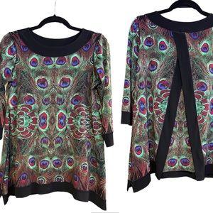 Eva Varro Green Peacock Print Tunic Top Shirt Sz S Small V Open Back Abstract